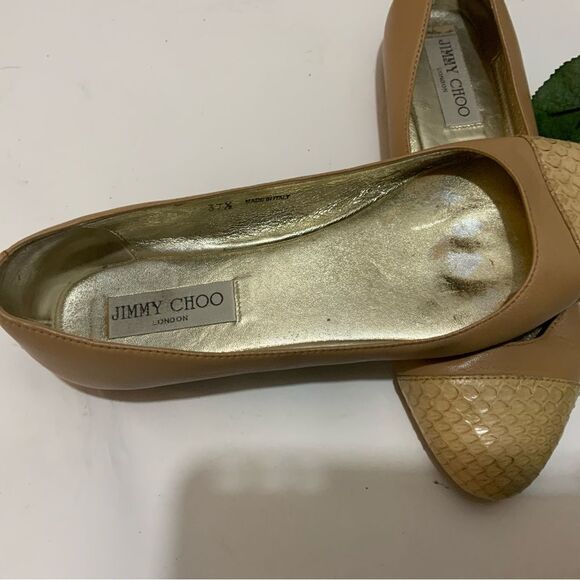 JIMMY CHOO Nude Leather & Python Cap Toe Ballet Flats Neutral Size EU 37.5, US 7 - Picture 6 of 16